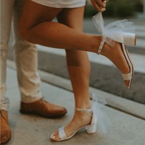 White Satin Block Heel with Tulle Bow